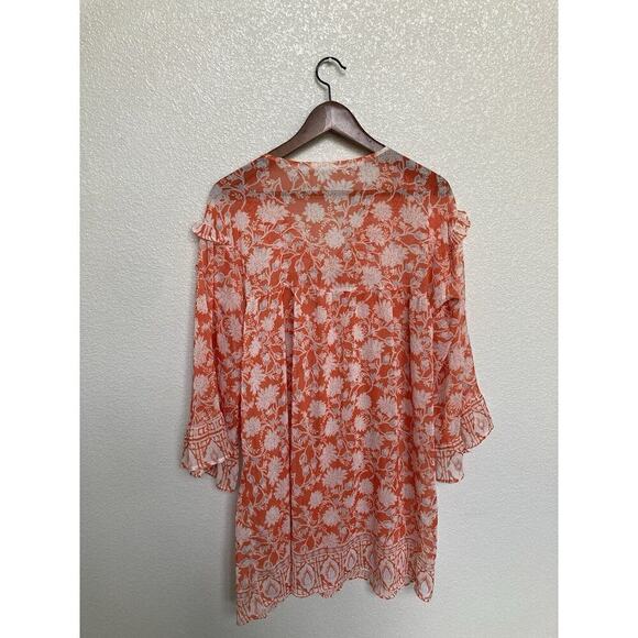 Womens sz L Orange boho sheer cover up dress floral ruffle bell sleeve tropical - Picture 4 of 5